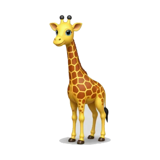One golden giraffe standing in three-quarter view, long neck, brown patch pattern, small ossicones, gentle face, no background.
