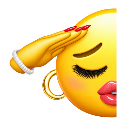 Half of a glamorous yellow face with long eyelashes and pink lips saluting with a red-nailed hand