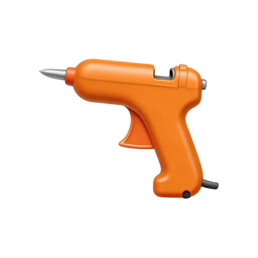 Glue Gun with bright orange pistol-shaped body and short metal nozzle with one clear glue drop