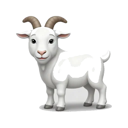 One white goat standing in three-quarter view with short curved horns, little beard, floppy ears, and small hooves, no background.
