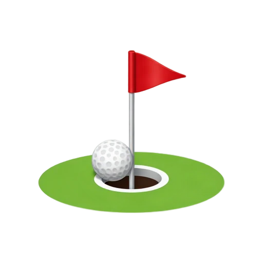 Golf ball falling into a hole beside a red flagstick