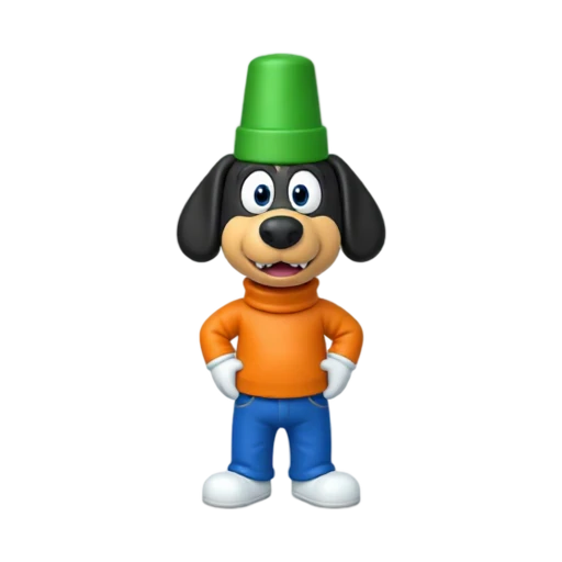 Tall cartoon dog in green hat and orange shirt emoji