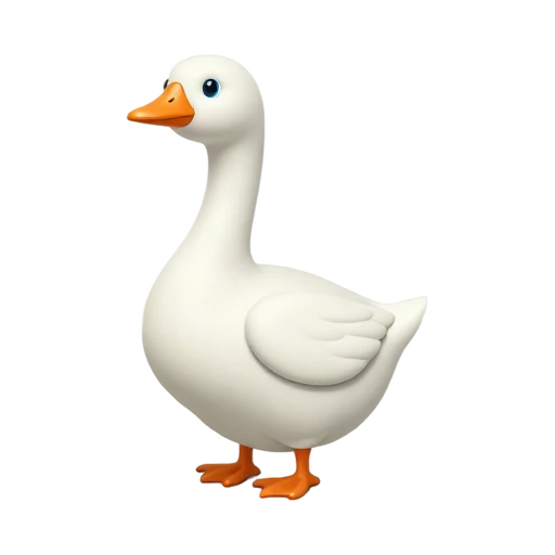One white goose standing in side three-quarter view, orange beak, orange webbed feet, no water, shadow, or scenery.