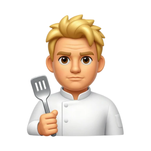 Gordon Ramsay, holding one small silver spatula upright beside his chest, wearing a white chef jacket