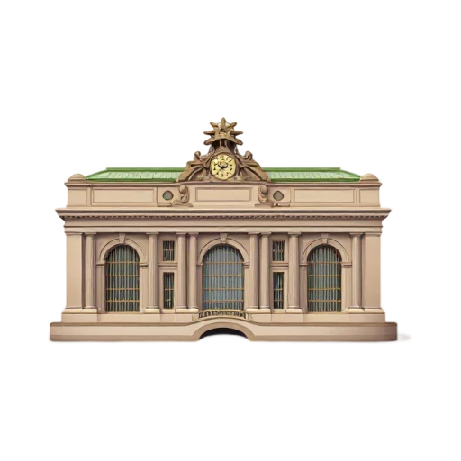 arched stone entrance and rooftop clock sculpture, depicting Grand Central Terminal.