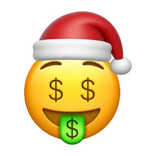 Greedy emoji face wearing a red Santa hat on a transparent background.