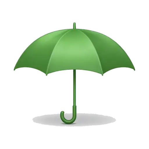 One open green umbrella viewed from the front, smooth curved canopy panels, straight handle, no rain or background.