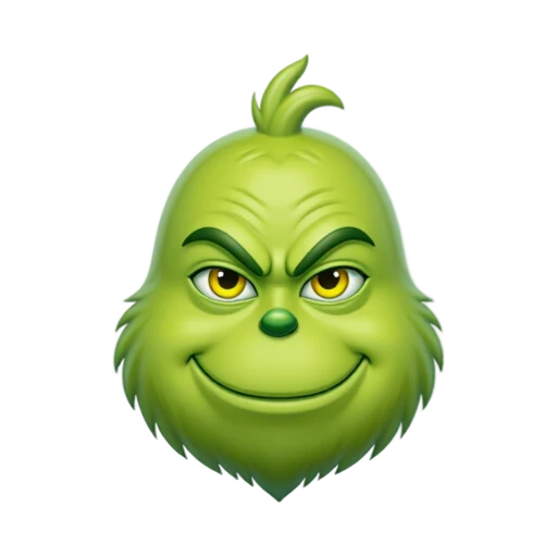 Green Grinch head with shaggy fur, yellow eyes, and a sly crooked smile