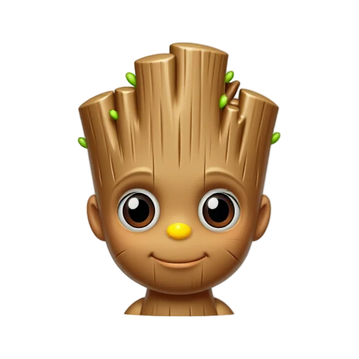 Groot head with brown bark-textured head and branch-like crown sprouts