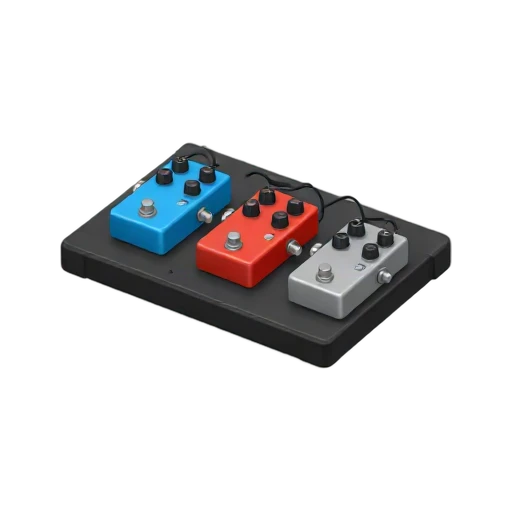 Black pedalboard with three colorful guitar effect pedals and patch cables