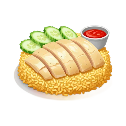 Hainanese chicken rice with poached chicken slices, cucumber, and chili sauce