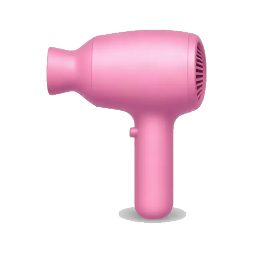 One compact pink hair dryer in side view with a short nozzle, round back vent, handle, and no cord or background.