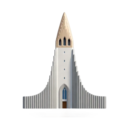 tall stepped church tower and basalt-inspired flared side wings, depicting Hallgrímskirkja.