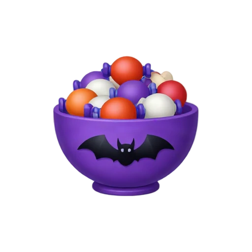 Halloween candy bowl with wrapped candies and black bat decoration