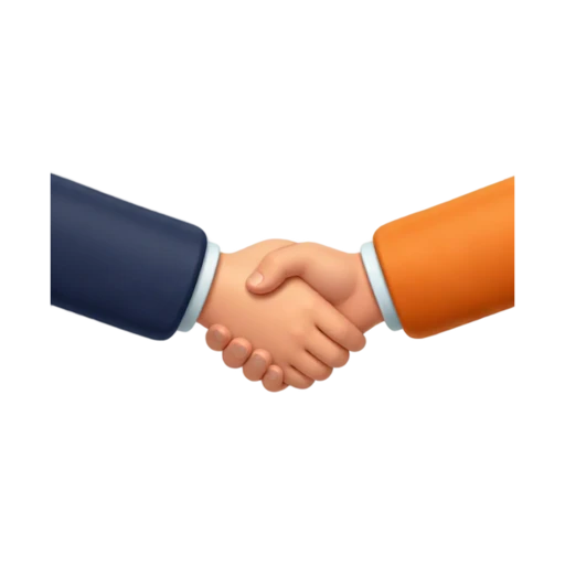 Two adult hands in a firm friendly handshake, one medium-light skin tone sleeve in navy and one medium-dark skin tone sleeve in orange, correct connected fingers and wrists, no bodies, text, shadow, or scenery.