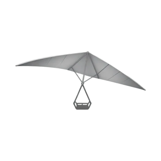 Hang Glider with wide delta-shaped fabric wing and triangular control frame
