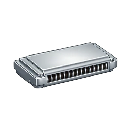 One shiny silver harmonica in a clean front three-quarter view, dark reed openings, no hand, shadow, or scenery.
