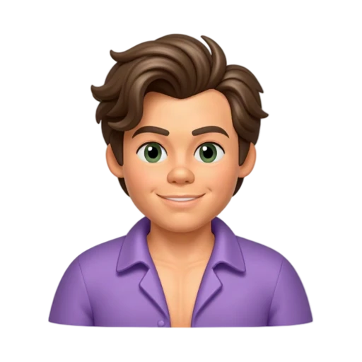 Harry Styles with both arms relaxed and hands out of frame, wearing a lavender open-collar shirt