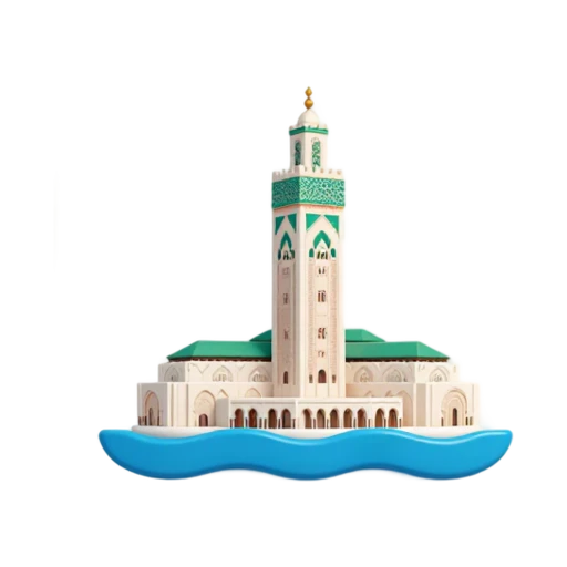 towering square minaret and white mosque above ocean waves, depicting Hassan II Mosque.