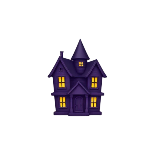 Crooked haunted house with glowing yellow windows