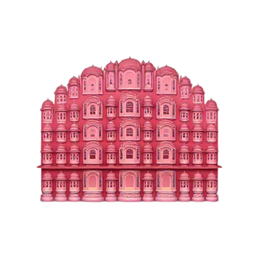 pink honeycomb palace facade and rows of small arched windows, depicting Hawa Mahal.