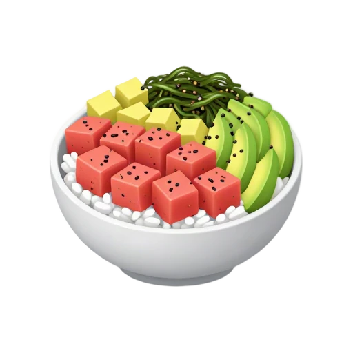 Ahi tuna poke bowl with red tuna cubes, green avocado, and sesame seeds over white rice