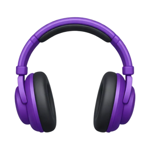One pair of purple over-ear headphones with soft black cushions, symmetrical front view, no head, shadow, or scenery.