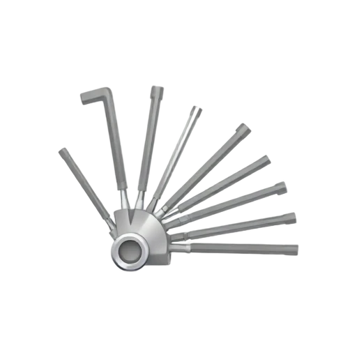 Hex key set with fan of L-shaped metal keys and compact holder