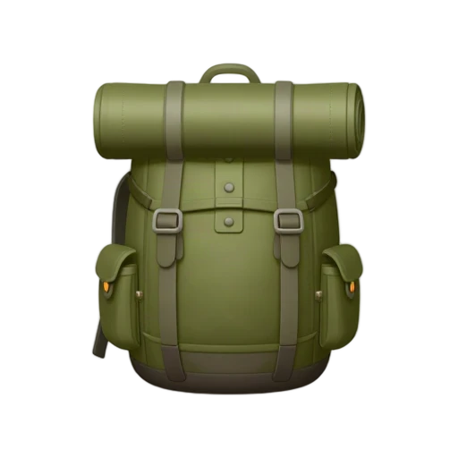 One sturdy olive-green hiking backpack in three-quarter view, rolled sleeping pad strapped across the top, two shoulder straps, side pockets, and small orange buckle, no person, ground, shadow, or scenery.