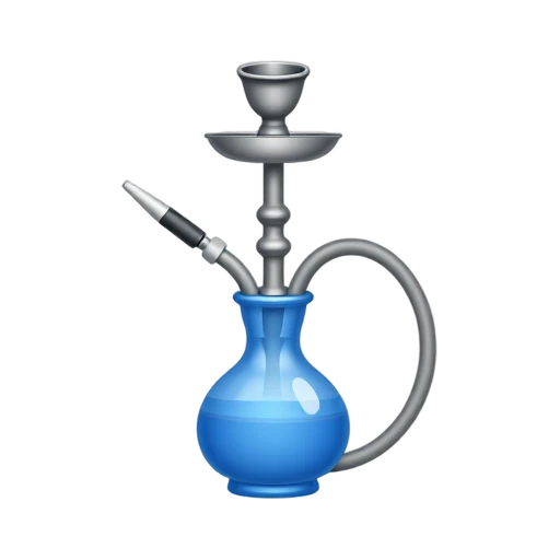 Hookah with blue glass base, tall silver stem, clay bowl, and curled hose