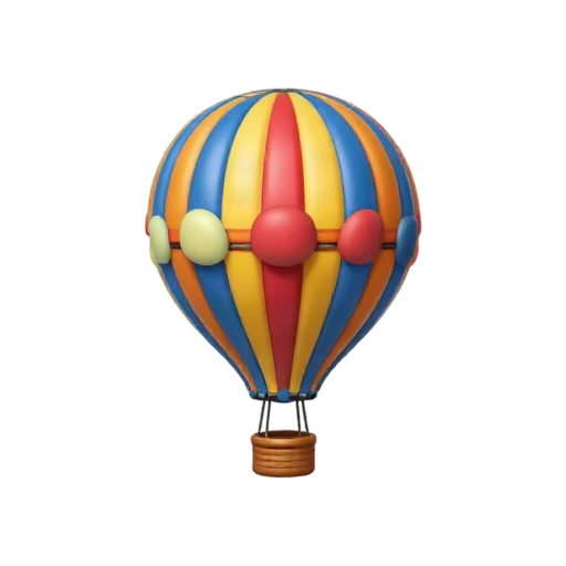 One striped red, yellow, and blue hot-air balloon with a small brown basket, no sky, people, shadow, or scenery.