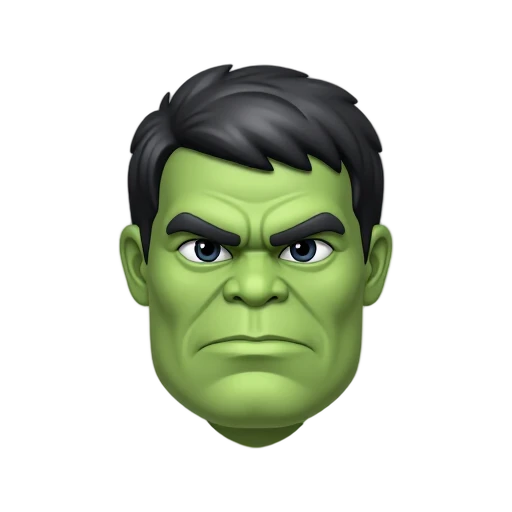 Hulk with square green muscular face and short tousled black hair