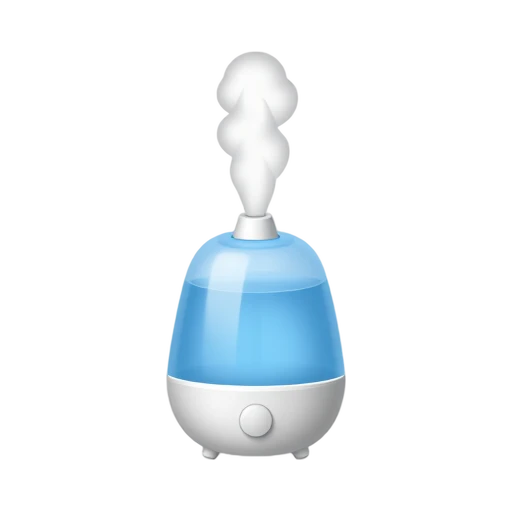 Humidifier with translucent blue water reservoir and small white mist plume
