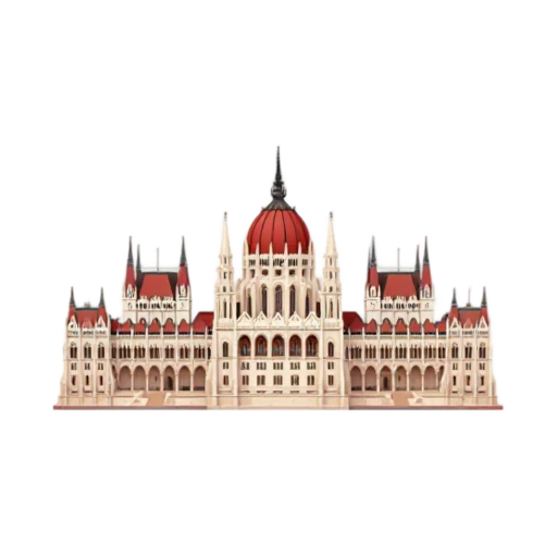 Hungarian Parliament: red central dome and Gothic spires.