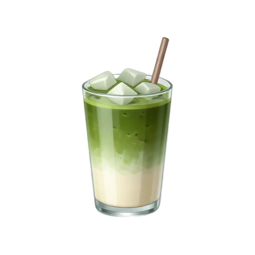 Layered iced matcha latte with ice cubes
