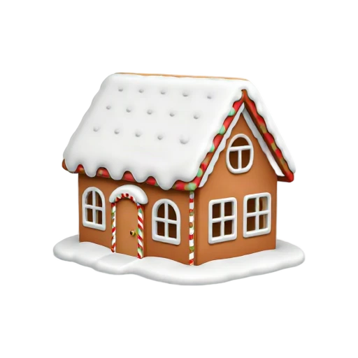 Brown gingerbread house with white icing roof and candy trim