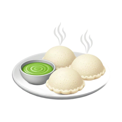 Three white idlis beside a small bowl of green chutney