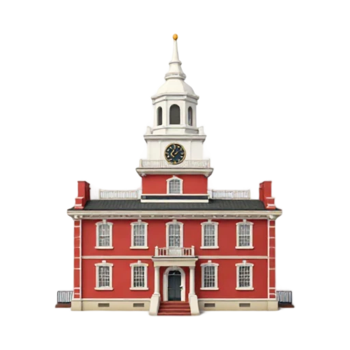red brick colonial hall and white clock steeple, depicting Independence Hall.