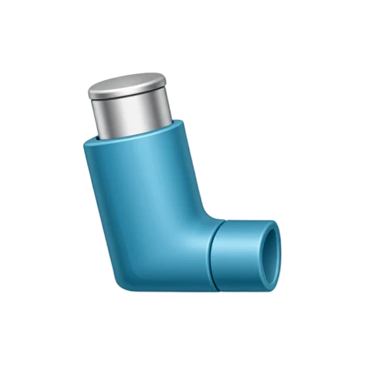 Blue asthma inhaler with silver canister and short mouthpiece