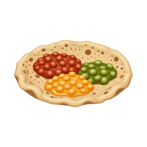 Ethiopian injera flatbread with small scoops of lentil and vegetable stew