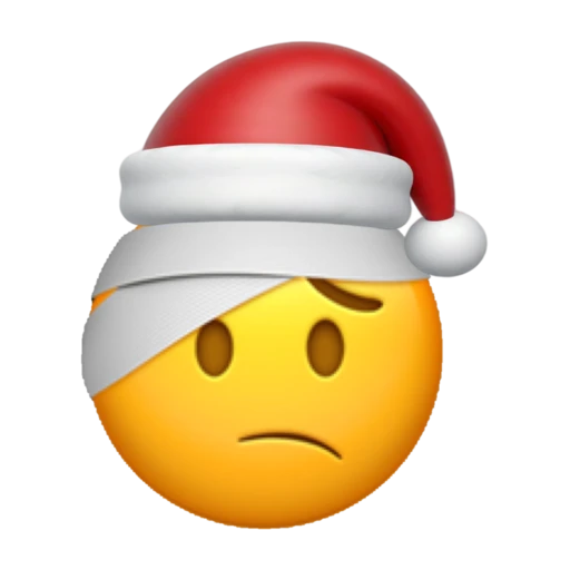 Injured emoji face wearing a red Santa hat on a transparent background.