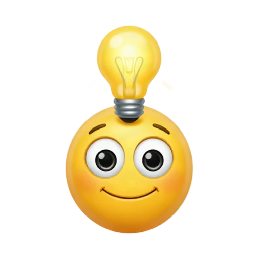 Smiling yellow face with a bright lightbulb above its forehead