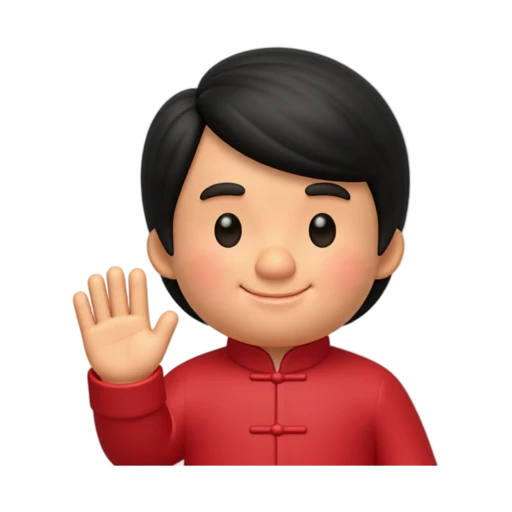 Jackie Chan raising one open hand beside his shoulder in a friendly wave, wearing a red mandarin-collar jacket