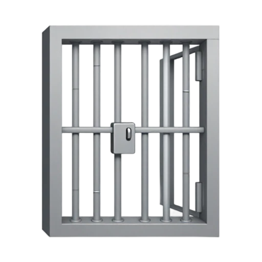 Gray jail cell door with vertical metal bars and a heavy lock