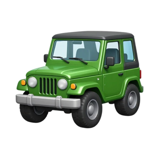 Green boxy Jeep off-road vehicle with round headlights, vertical grille slots, and large tires