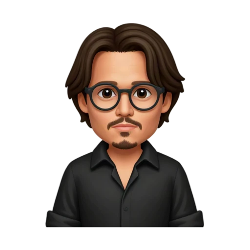 Johnny Depp with both arms relaxed and hands out of frame, wearing a black open-collar shirt