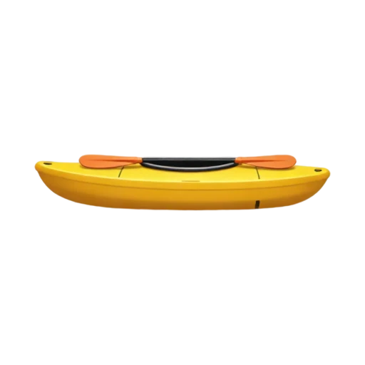 One bright yellow kayak in side three-quarter view with a black cockpit and one double-ended orange paddle laid neatly across it, no water, person, shadow, or scenery.