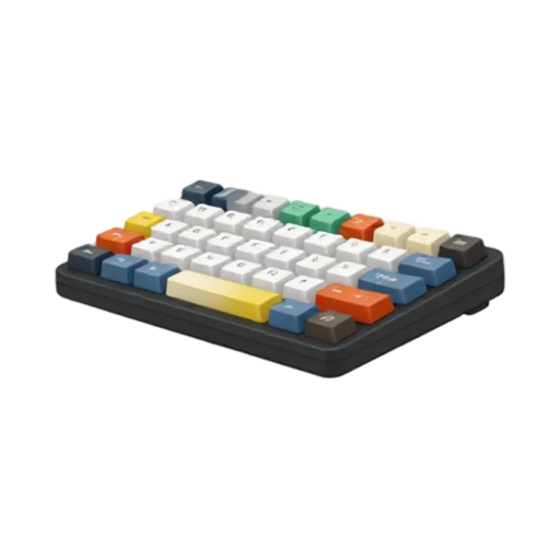 One compact black mechanical keyboard in top three-quarter view with colorful keycaps, no desk, hand, shadow, or scenery.