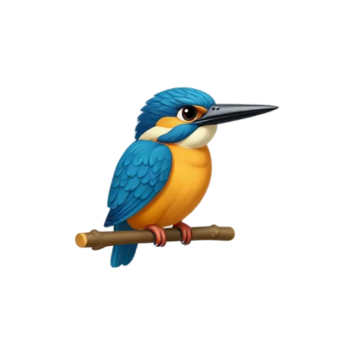 One bright blue and orange kingfisher perched on a short plain branch, long beak, no water, shadow, or scenery.
