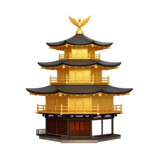 golden tiered pavilion and dark roof topped by a phoenix, depicting Kinkaku-ji Golden Pavilion.